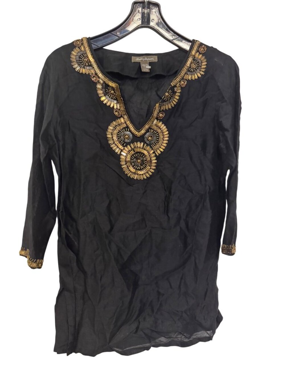 Tommy Bahama Black Tunic Top W/ Gold Beaded Embellishments XS